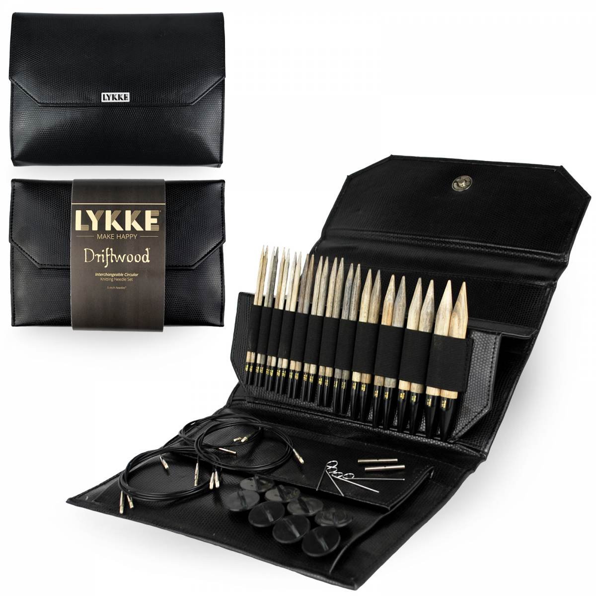 Driftwood - Interchangeable Circular Knitting Needles Set 5"- Black Faux Leather - Lykke